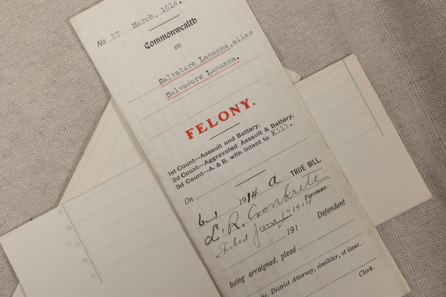Lot 136 - Grouping Of Antique Lycoming County, Pennsylvania Criminal Court Documents, Commonwealth Vs. William A. Sheehan Involuntary Manslaughter 1920 And Commonwealth Vs. Salvatore Lamanna Et Al. Murder 1914
