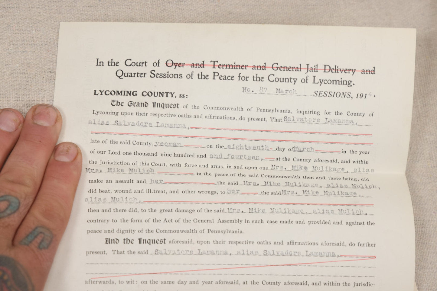Lot 136 - Grouping Of Antique Lycoming County, Pennsylvania Criminal Court Documents, Commonwealth Vs. William A. Sheehan Involuntary Manslaughter 1920 And Commonwealth Vs. Salvatore Lamanna Et Al. Murder 1914