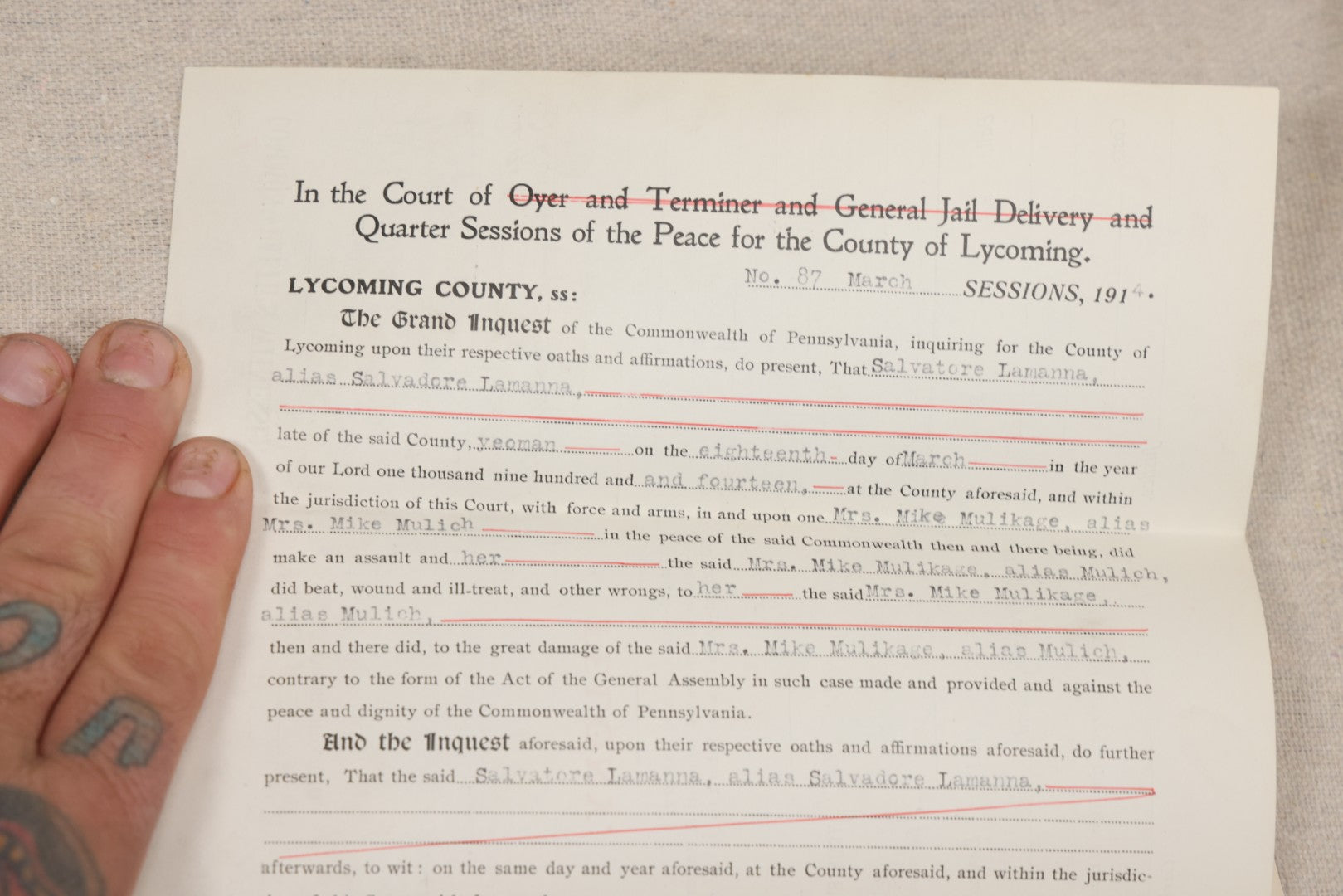 Lot 136 - Grouping Of Antique Lycoming County, Pennsylvania Criminal Court Documents, Commonwealth Vs. William A. Sheehan Involuntary Manslaughter 1920 And Commonwealth Vs. Salvatore Lamanna Et Al. Murder 1914