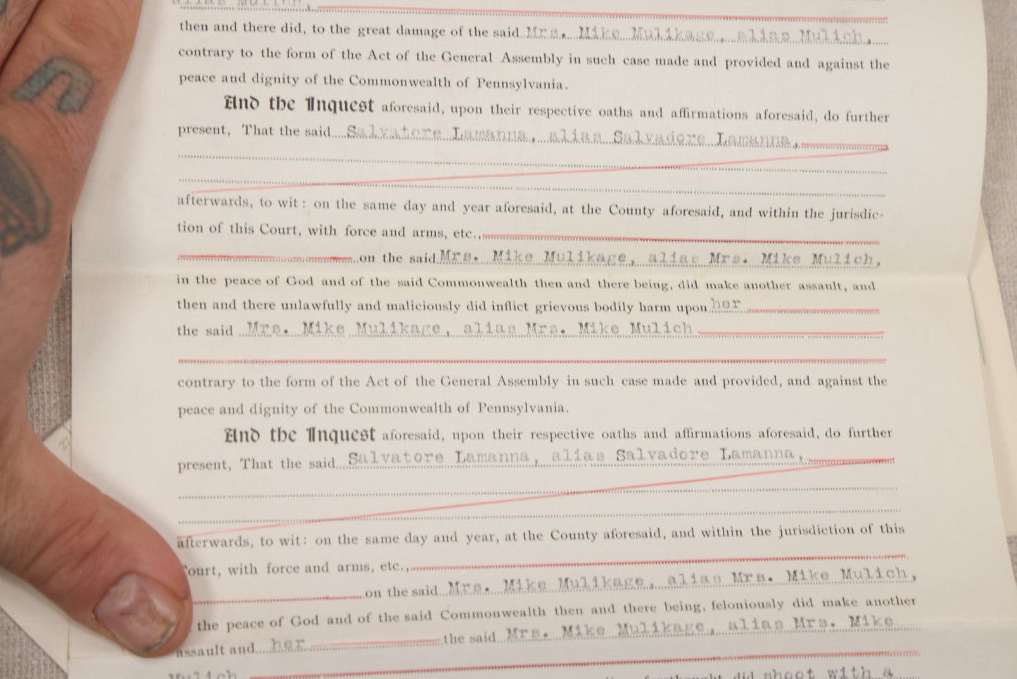 Lot 136 - Grouping Of Antique Lycoming County, Pennsylvania Criminal Court Documents, Commonwealth Vs. William A. Sheehan Involuntary Manslaughter 1920 And Commonwealth Vs. Salvatore Lamanna Et Al. Murder 1914