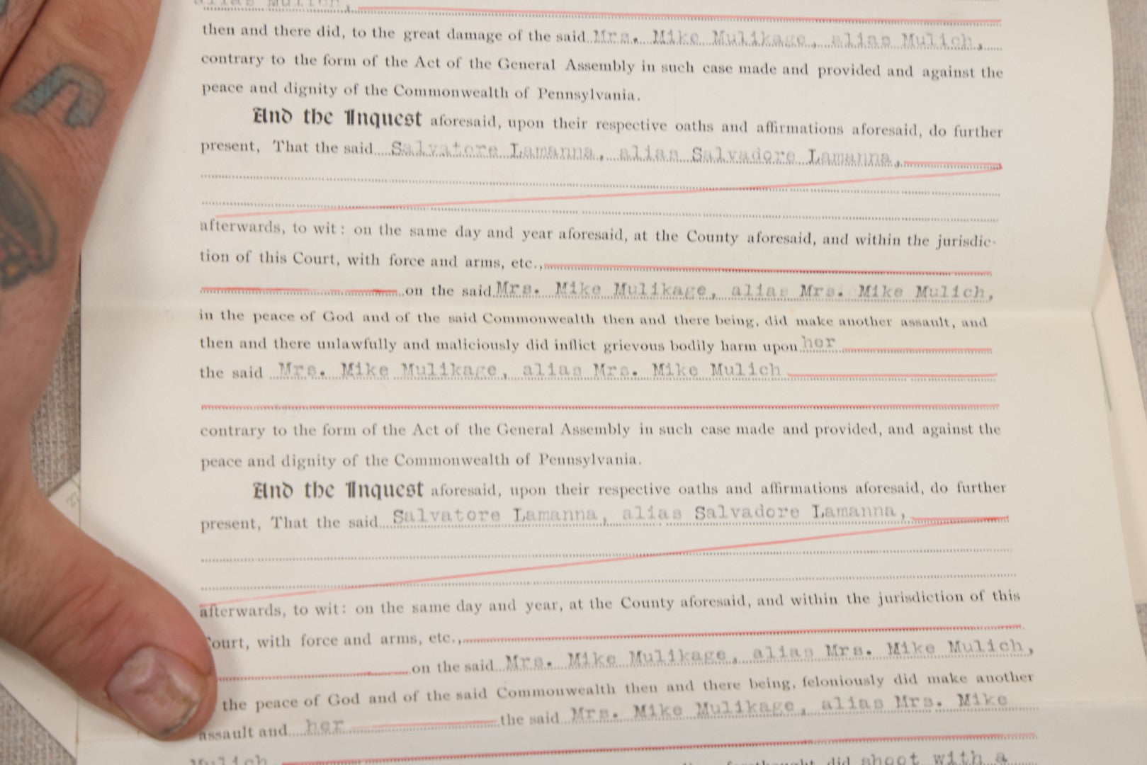 Lot 136 - Grouping Of Antique Lycoming County, Pennsylvania Criminal Court Documents, Commonwealth Vs. William A. Sheehan Involuntary Manslaughter 1920 And Commonwealth Vs. Salvatore Lamanna Et Al. Murder 1914