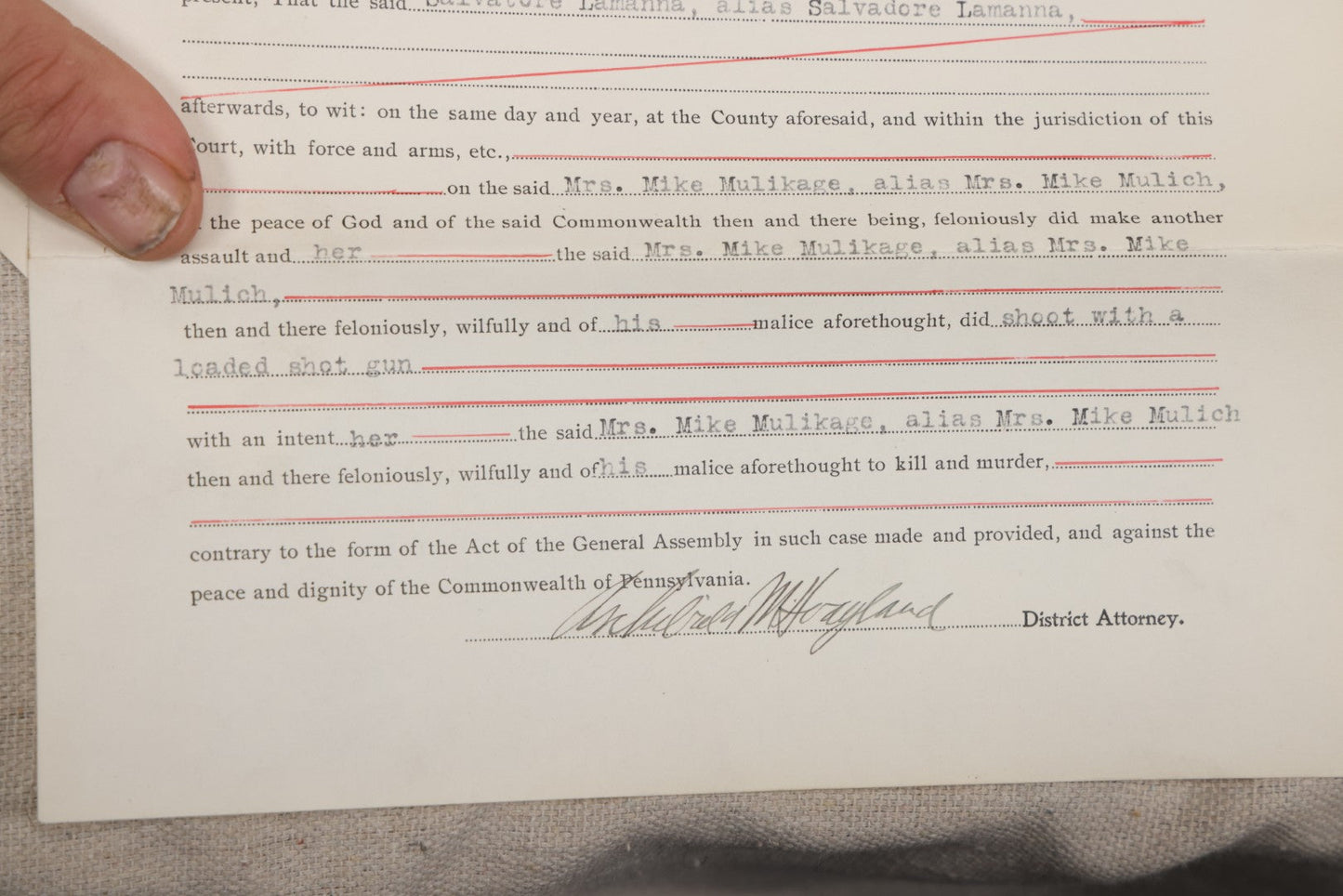 Lot 136 - Grouping Of Antique Lycoming County, Pennsylvania Criminal Court Documents, Commonwealth Vs. William A. Sheehan Involuntary Manslaughter 1920 And Commonwealth Vs. Salvatore Lamanna Et Al. Murder 1914