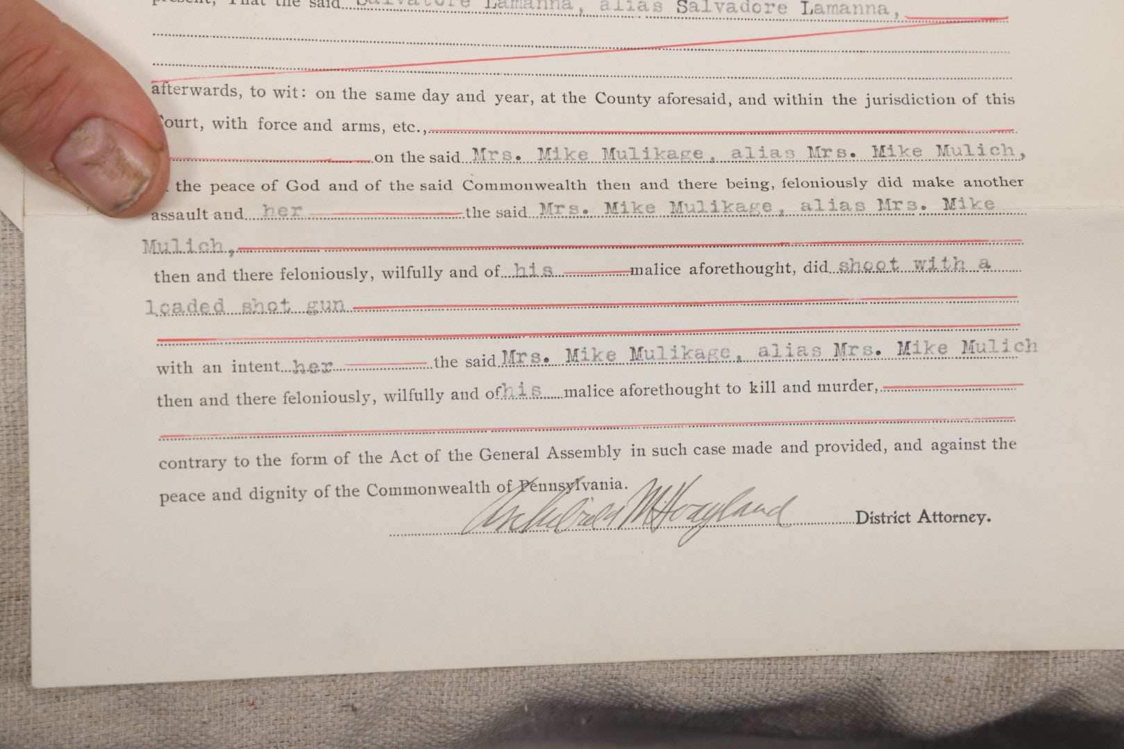Lot 136 - Grouping Of Antique Lycoming County, Pennsylvania Criminal Court Documents, Commonwealth Vs. William A. Sheehan Involuntary Manslaughter 1920 And Commonwealth Vs. Salvatore Lamanna Et Al. Murder 1914
