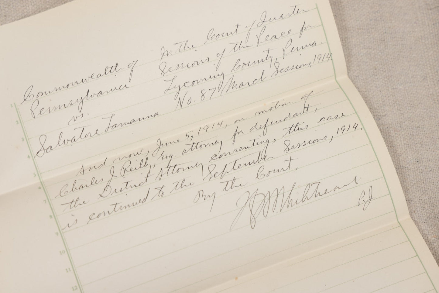 Lot 136 - Grouping Of Antique Lycoming County, Pennsylvania Criminal Court Documents, Commonwealth Vs. William A. Sheehan Involuntary Manslaughter 1920 And Commonwealth Vs. Salvatore Lamanna Et Al. Murder 1914