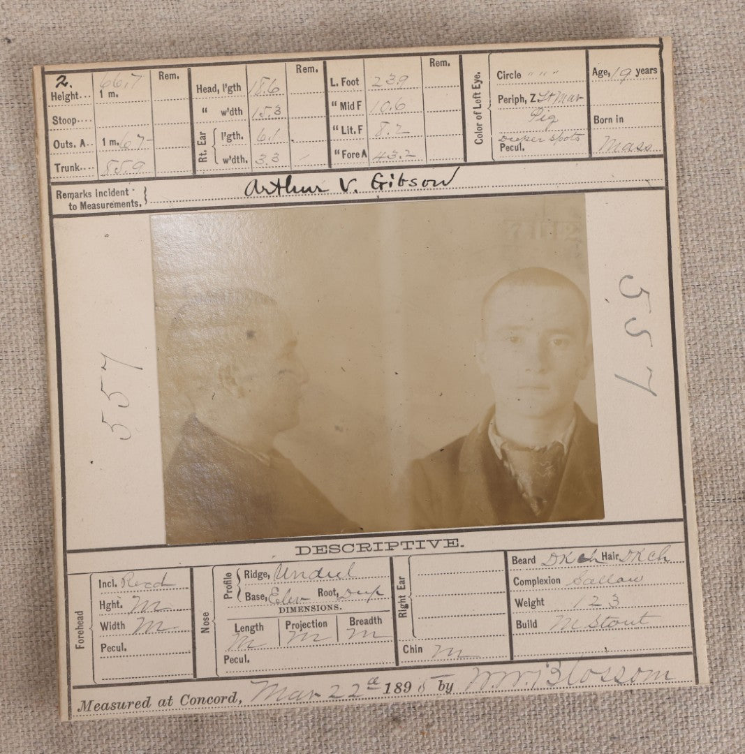 Lot 138 - Antique Real-Photo Police Mugshot And Arrest Card For Arthur V. Gibson, Arrested For Larceny, Massachusetts Reformatory, Concord, Massachusetts, 1895