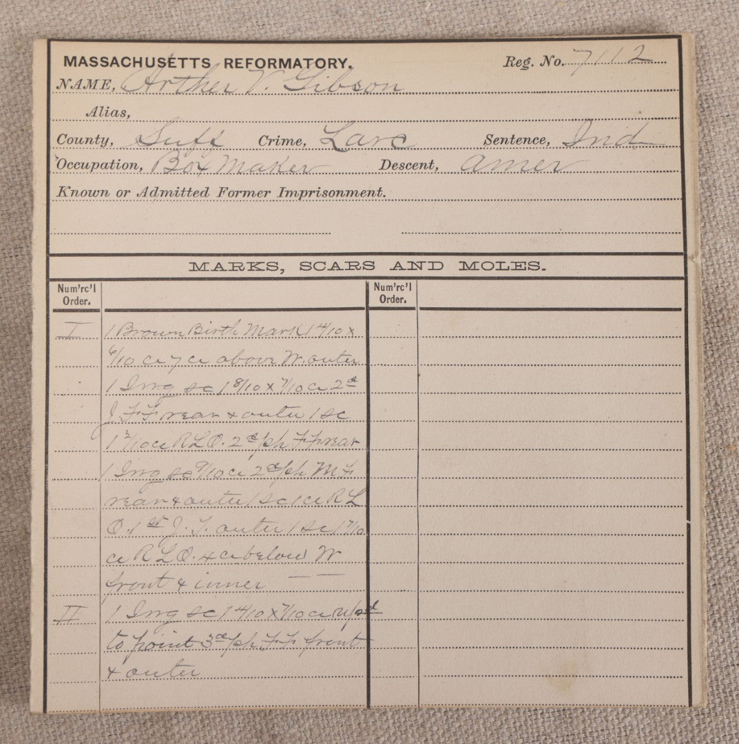 Lot 138 - Antique Real-Photo Police Mugshot And Arrest Card For Arthur V. Gibson, Arrested For Larceny, Massachusetts Reformatory, Concord, Massachusetts, 1895