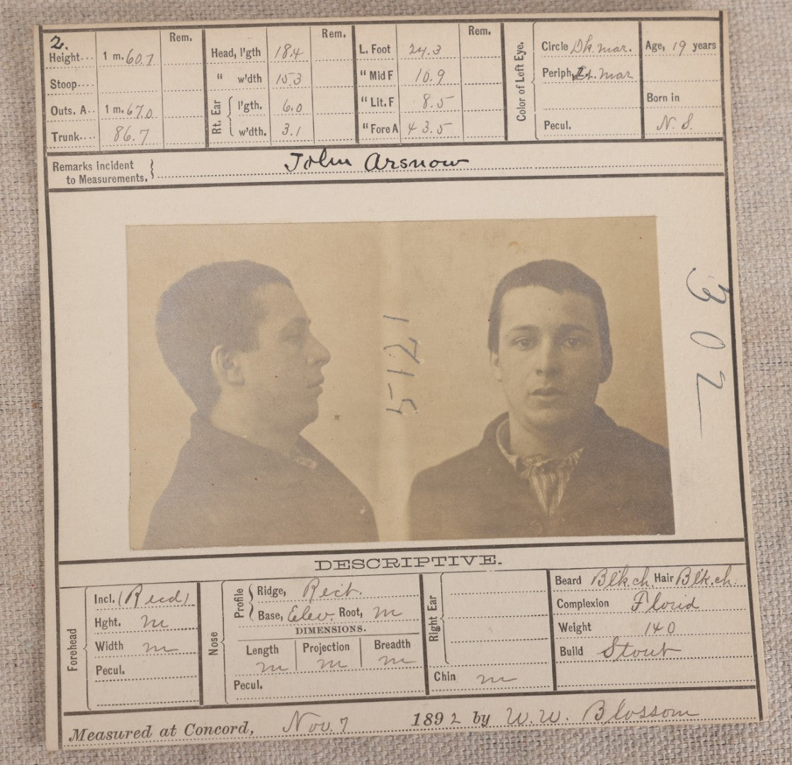 Lot 139 - Antique Real-Photo Police Mugshot And Arrest Card For John Arsnow, Arrested For Larceny, Massachusetts Reformatory, Concord, Massachusetts, 1892