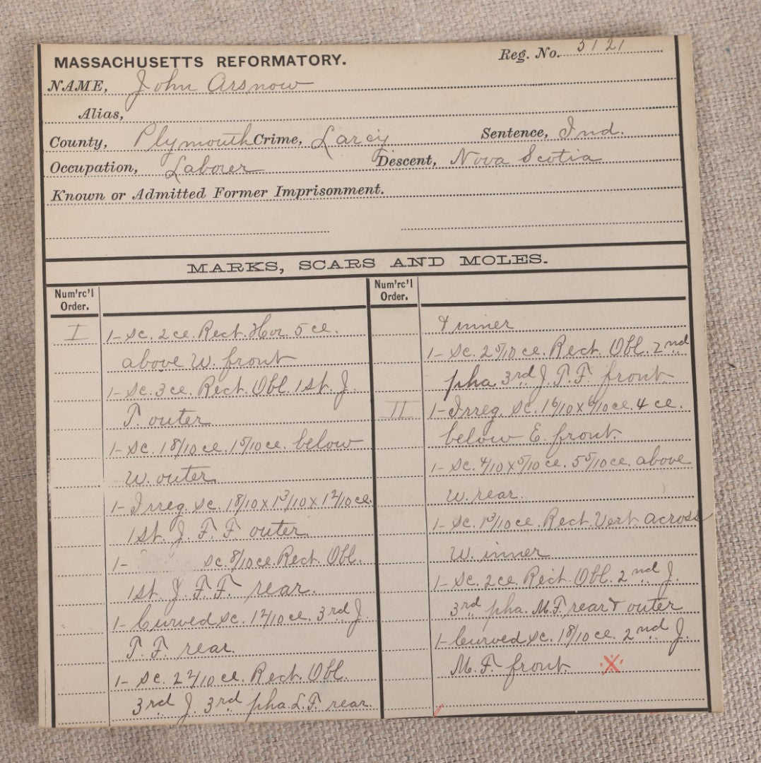 Lot 139 - Antique Real-Photo Police Mugshot And Arrest Card For John Arsnow, Arrested For Larceny, Massachusetts Reformatory, Concord, Massachusetts, 1892