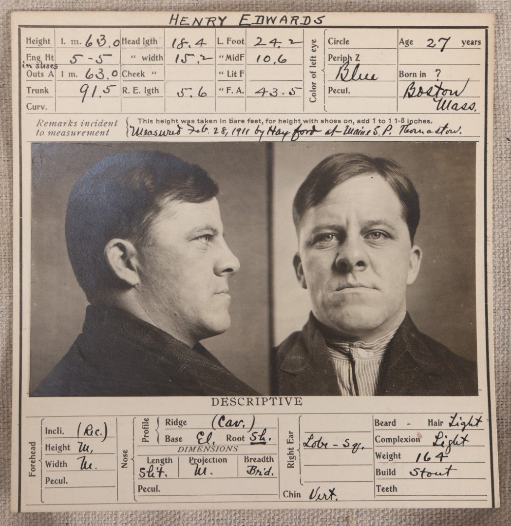 Lot 140 - Antique Real-Photo Police Mugshot And Arrest Card For Henry Edwards, Arrested For Compound Larceny, Maine State Prison, Thomaston, Maine, 1911, Dover, New Hampshire Police Department File