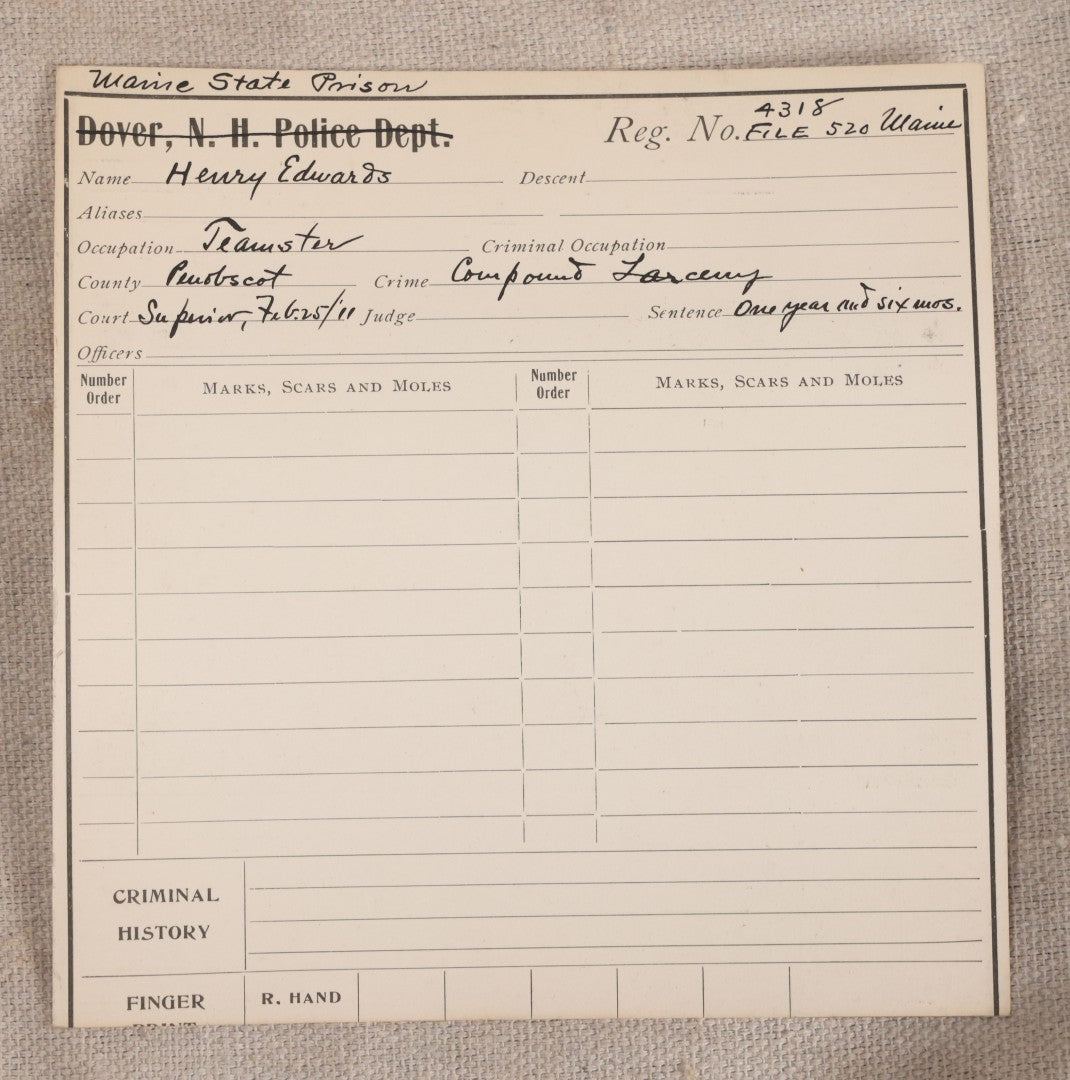 Lot 140 - Antique Real-Photo Police Mugshot And Arrest Card For Henry Edwards, Arrested For Compound Larceny, Maine State Prison, Thomaston, Maine, 1911, Dover, New Hampshire Police Department File