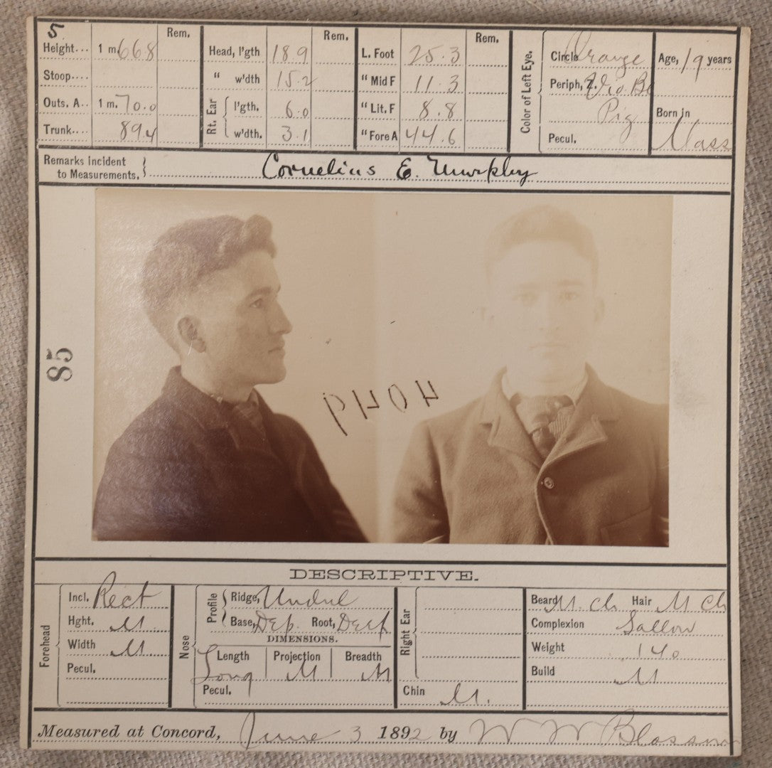 Lot 141 - Antique Real-Photo Police Mugshot And Arrest Card For Cornelius E. Murphy, Arrested For Larceny, Massachusetts Reformatory, Concord, Massachusetts, 1892