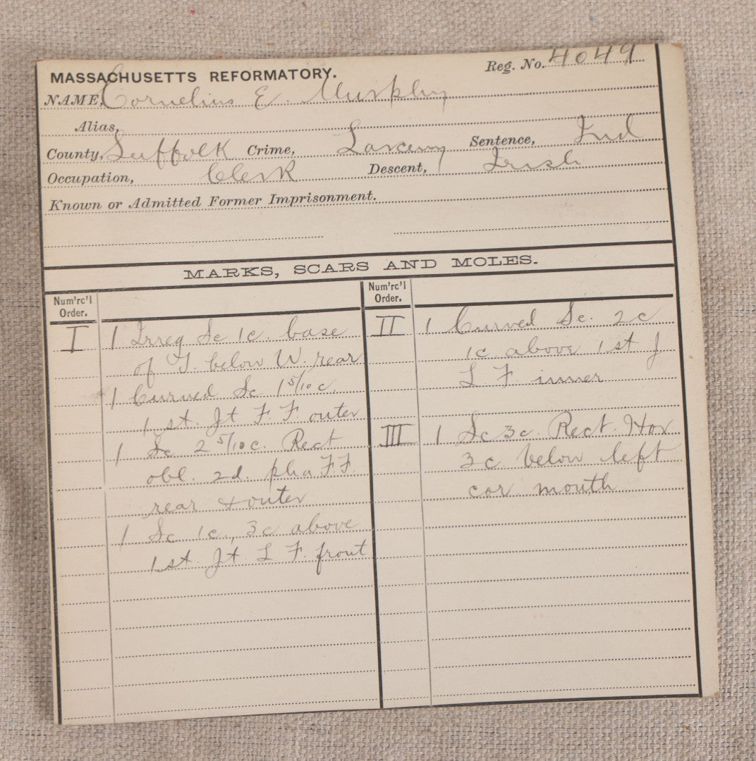 Lot 141 - Antique Real-Photo Police Mugshot And Arrest Card For Cornelius E. Murphy, Arrested For Larceny, Massachusetts Reformatory, Concord, Massachusetts, 1892