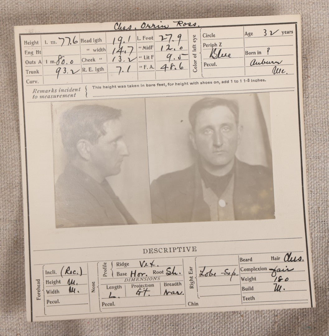 Lot 142 - Antique Real-Photo Police Mugshot And Arrest Card For Chas. Orrin Ross, Arrested For Drunkenness, Maine State Prison