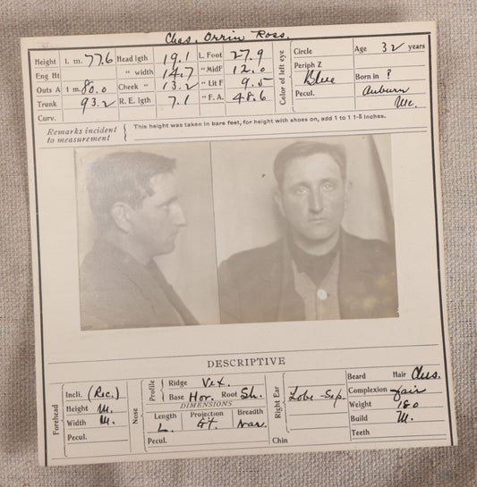 Lot 142 - Antique Real-Photo Police Mugshot And Arrest Card For Chas. Orrin Ross, Arrested For Drunkenness, Maine State Prison