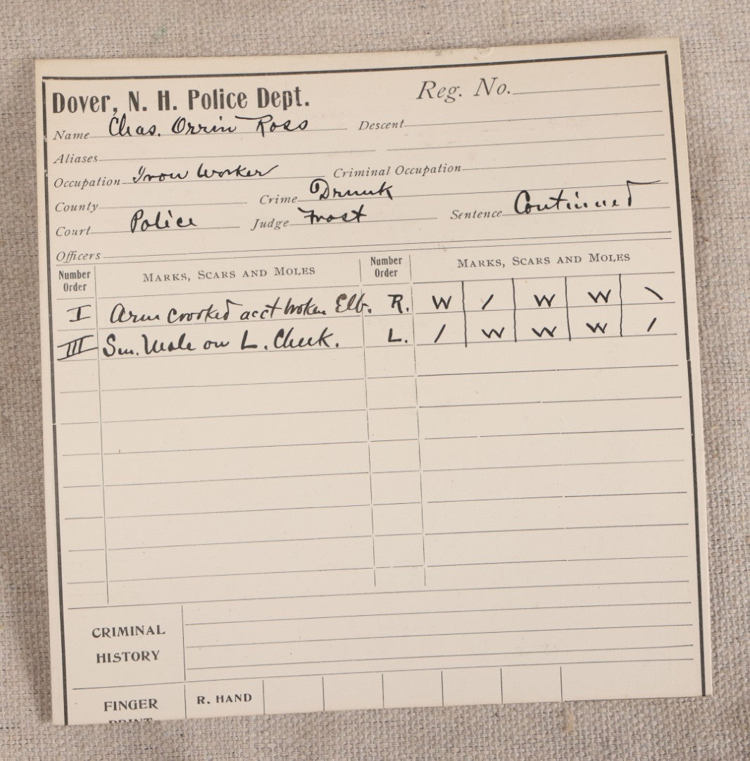Lot 142 - Antique Real-Photo Police Mugshot And Arrest Card For Chas. Orrin Ross, Arrested For Drunkenness, Maine State Prison
