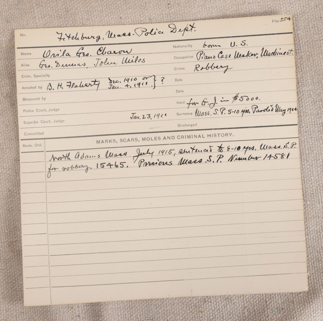 Lot 143 - Antique Real-Photo Police Mugshot And Arrest Card For Ovila George Charron, Aliases Geo. Dumas And John Miles, Arrested For Robbery, Fitchburg, Massachusetts Police Department, Circa 1910