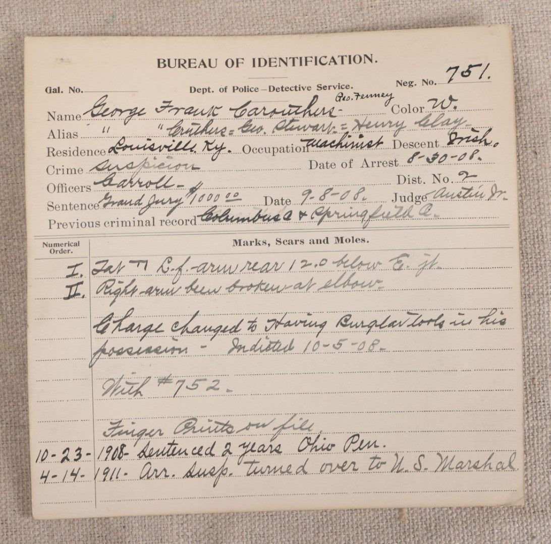 Lot 144 - Antique Real-Photo Police Mugshot And Arrest Card For George Frank Carouthers, Yeggman, Arrested For Suspicion, Charge Changed To Having Burglar Tools In Possession, Toledo, Ohio, 1908