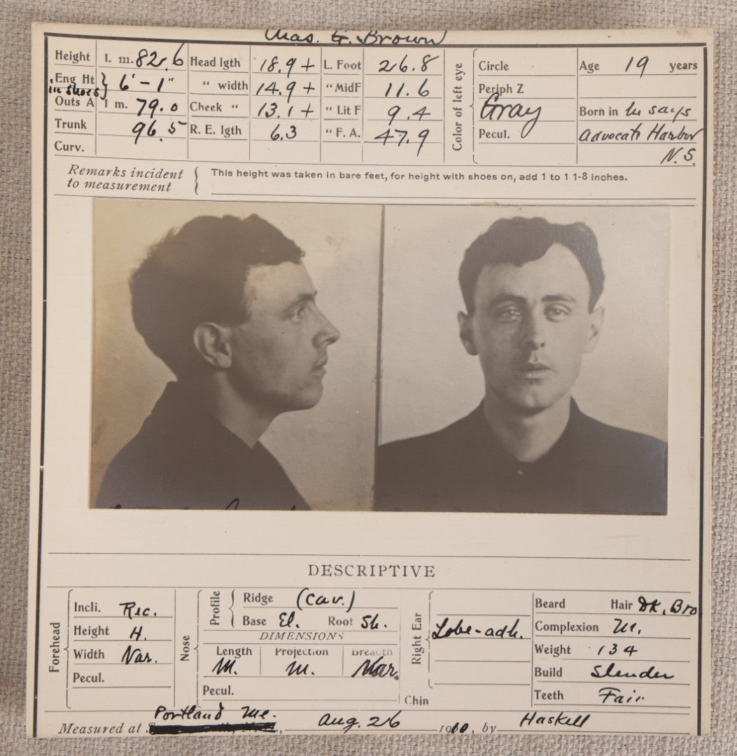 Lot 145 - Antique Real-Photo Police Mugshot And Arrest Card For Chas. Garfield Brown, Criminal Occupation Thief, Arrested For Breaking, Entering, And Larceny In Bath, Maine, Portland Maine Police Department, 1910
