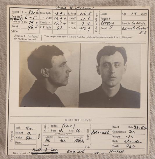 Lot 145 - Antique Real-Photo Police Mugshot And Arrest Card For Chas. Garfield Brown, Criminal Occupation Thief, Arrested For Breaking, Entering, And Larceny In Bath, Maine, Portland Maine Police Department, 1910