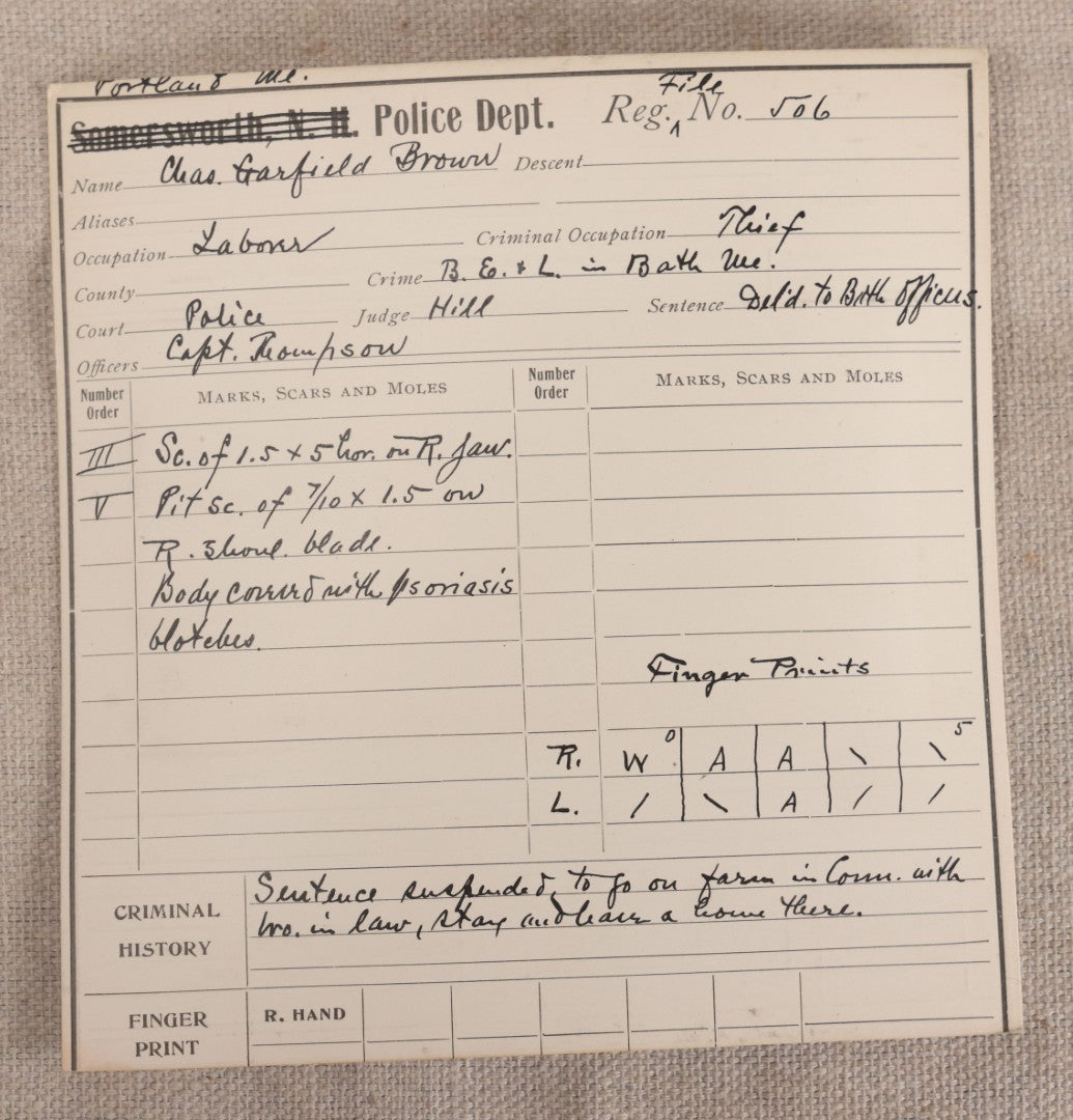 Lot 145 - Antique Real-Photo Police Mugshot And Arrest Card For Chas. Garfield Brown, Criminal Occupation Thief, Arrested For Breaking, Entering, And Larceny In Bath, Maine, Portland Maine Police Department, 1910