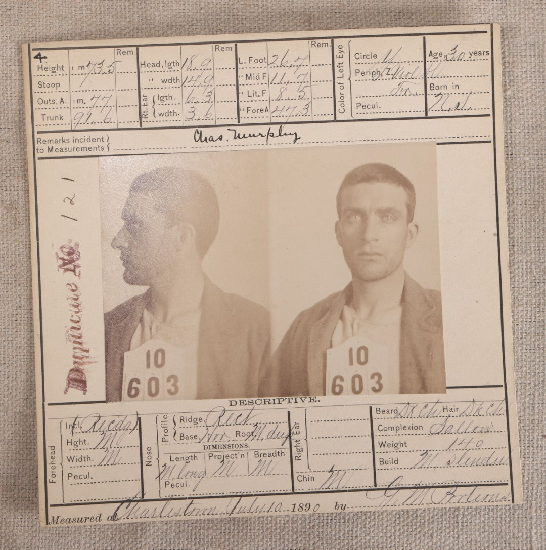 Lot 146 - Antique Real-Photo Police Mugshot And Arrest Card For Charles Murphy, Arrested For Breaking And Entering, Massachusetts State Prison, Charlestown, Massachusetts, 1890