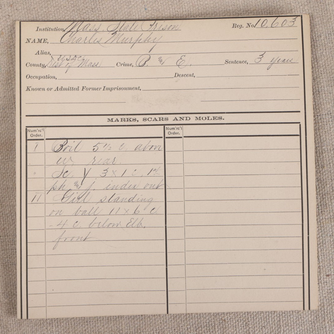 Lot 146 - Antique Real-Photo Police Mugshot And Arrest Card For Charles Murphy, Arrested For Breaking And Entering, Massachusetts State Prison, Charlestown, Massachusetts, 1890