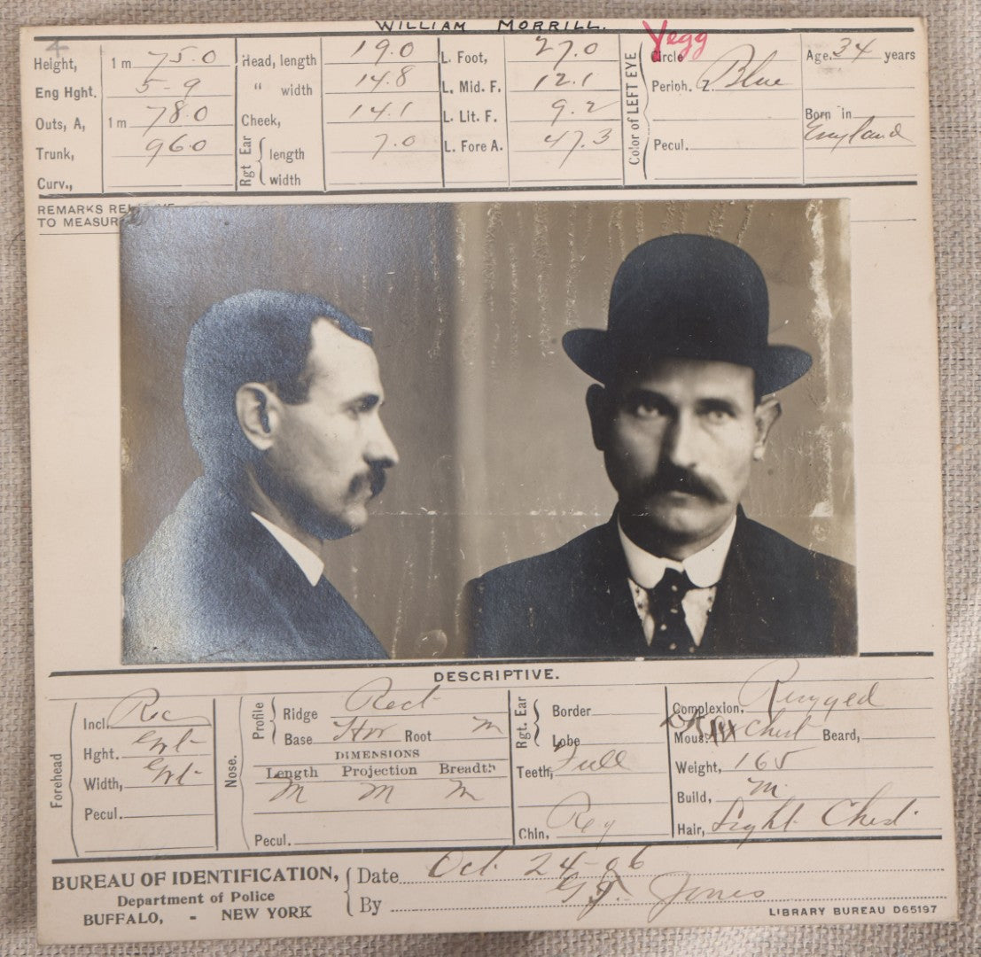 Lot 147 - Antique Real-Photo Police Mugshot And Arrest Card For William Morrill, Yeggman, Arrested For Suspicion, Bureau Of Identification, Department Of Police, Buffalo, New York, 1906