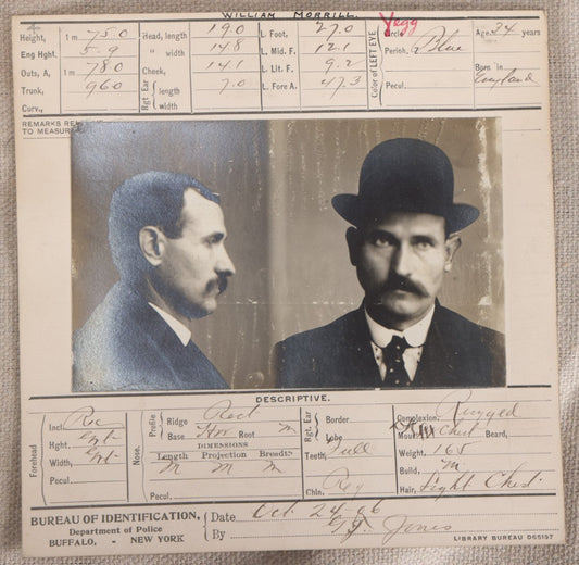 Lot 147 - Antique Real-Photo Police Mugshot And Arrest Card For William Morrill, Yeggman, Arrested For Suspicion, Bureau Of Identification, Department Of Police, Buffalo, New York, 1906