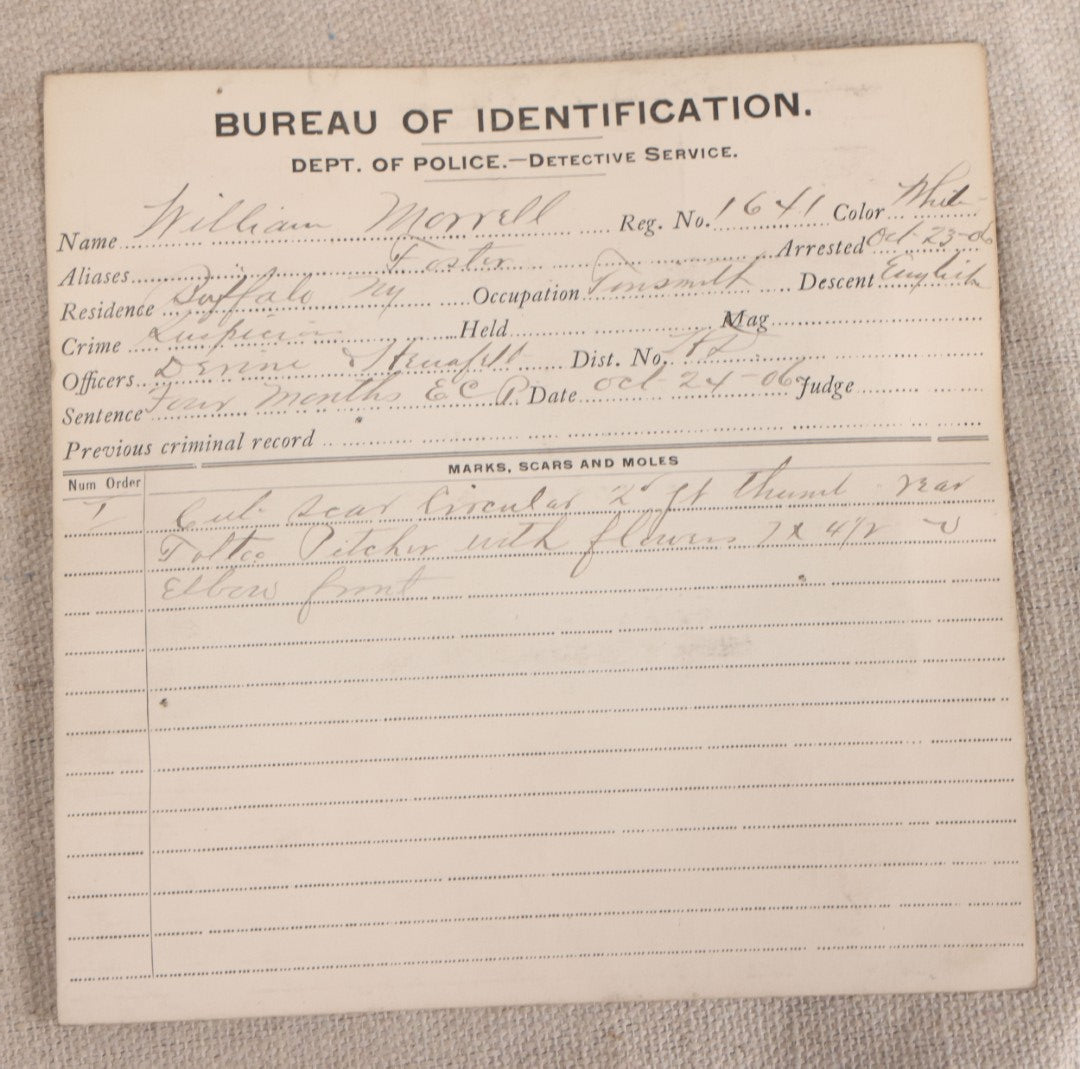 Lot 147 - Antique Real-Photo Police Mugshot And Arrest Card For William Morrill, Yeggman, Arrested For Suspicion, Bureau Of Identification, Department Of Police, Buffalo, New York, 1906