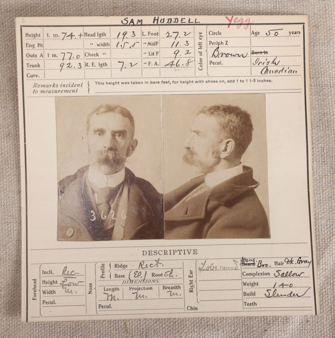 Lot 148 - Antique Real-Photo Police Mugshot And Arrest Card For Samuel Huddell, Yeggman, Arrested For Burglary, Montreal, Canada Police Department, 1900