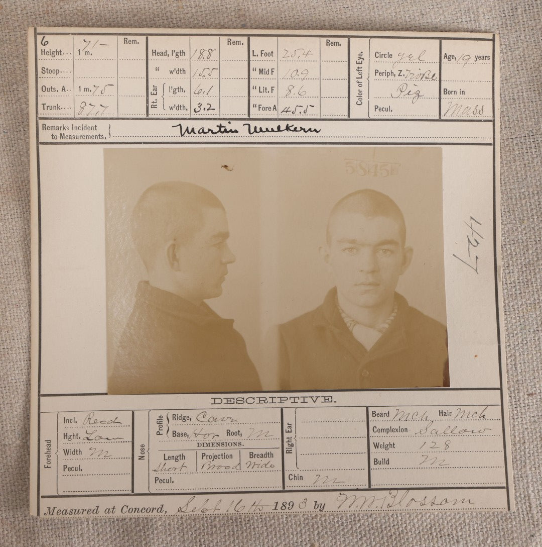 Lot 149 - Antique Real-Photo Police Mugshot And Arrest Card For Martin Mulkern, Arrested For Breaking And Entering, Massachusetts Reformatory, Concord, Massachusetts, 1893, With Prior Imprisonment At Deer Isle