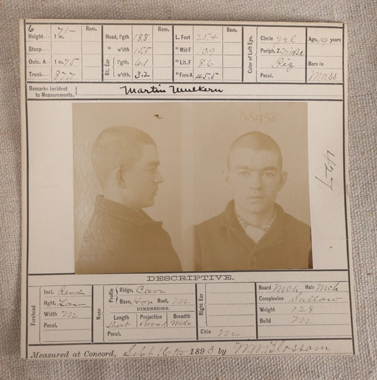 Lot 149 - Antique Real-Photo Police Mugshot And Arrest Card For Martin Mulkern, Arrested For Breaking And Entering, Massachusetts Reformatory, Concord, Massachusetts, 1893, With Prior Imprisonment At Deer Isle