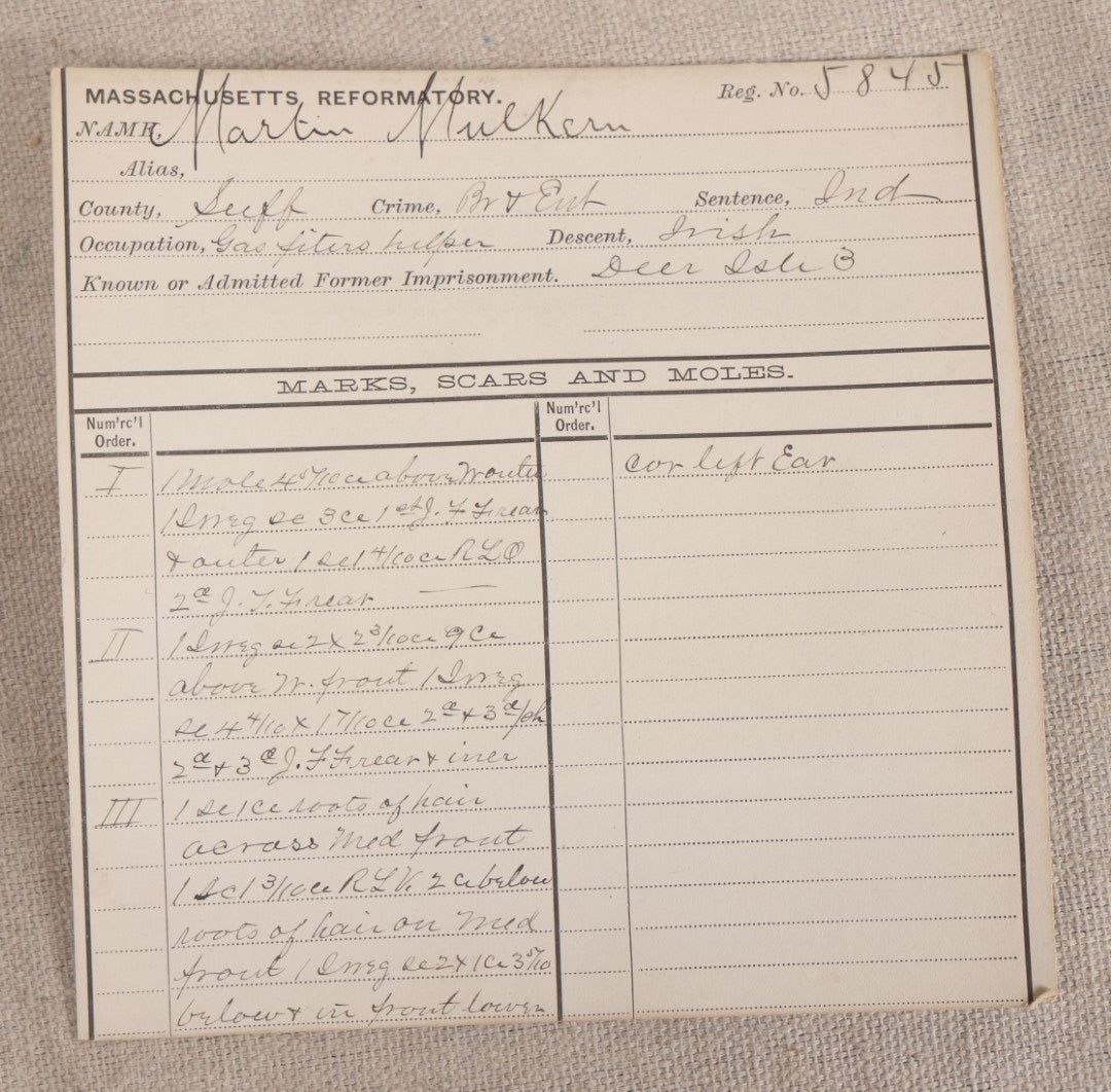 Lot 149 - Antique Real-Photo Police Mugshot And Arrest Card For Martin Mulkern, Arrested For Breaking And Entering, Massachusetts Reformatory, Concord, Massachusetts, 1893, With Prior Imprisonment At Deer Isle