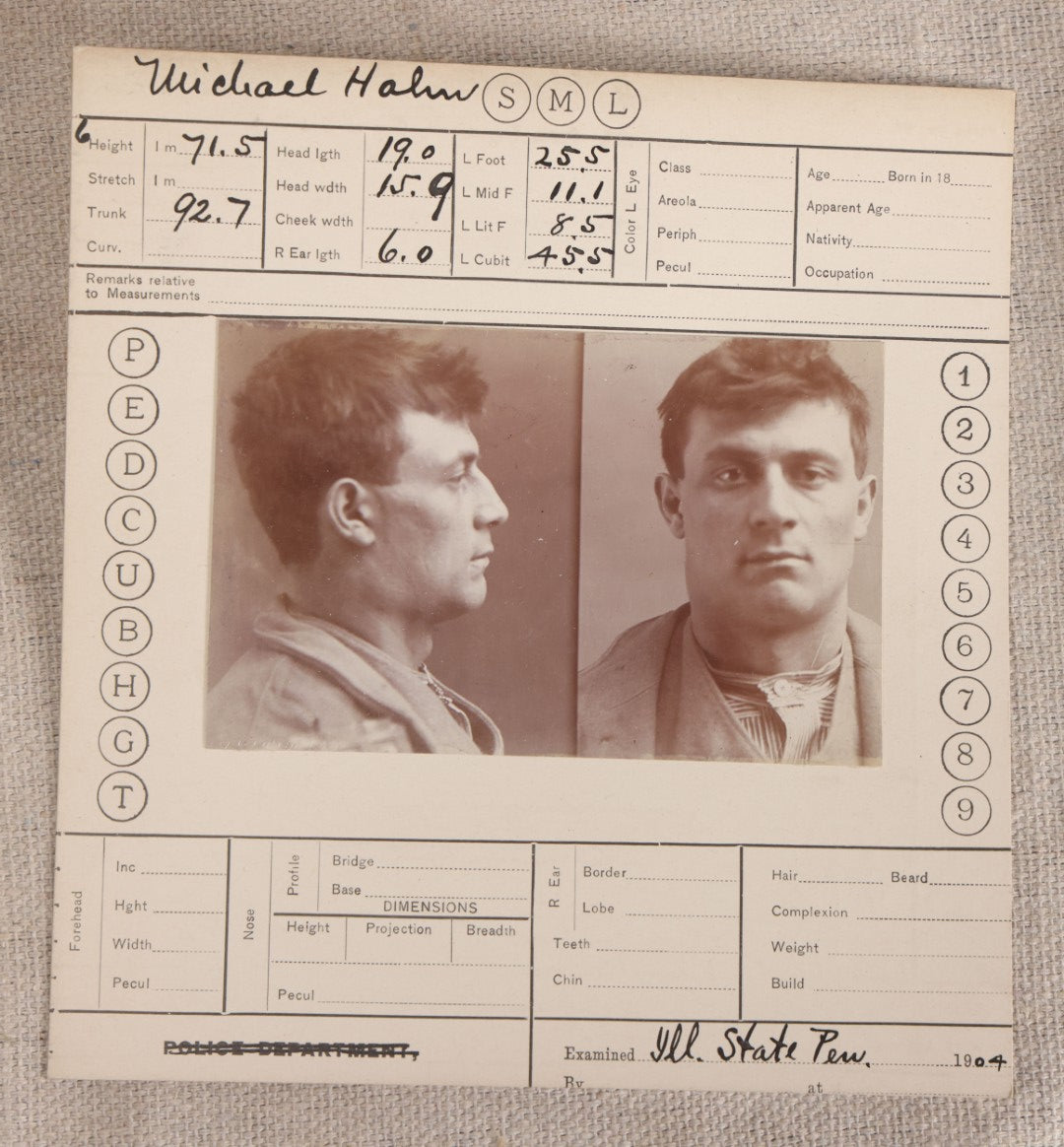Lot 150 - Antique Real-Photo Police Mugshot And Arrest Card For Michael Hahn, Arrested For Larceny, Illinois State Penitentiary, 1904, Paroled 1907