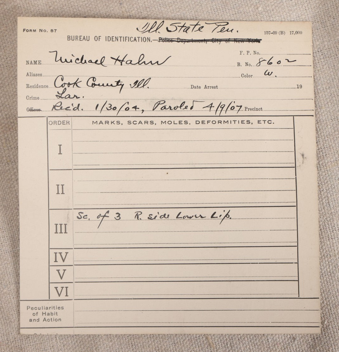 Lot 150 - Antique Real-Photo Police Mugshot And Arrest Card For Michael Hahn, Arrested For Larceny, Illinois State Penitentiary, 1904, Paroled 1907