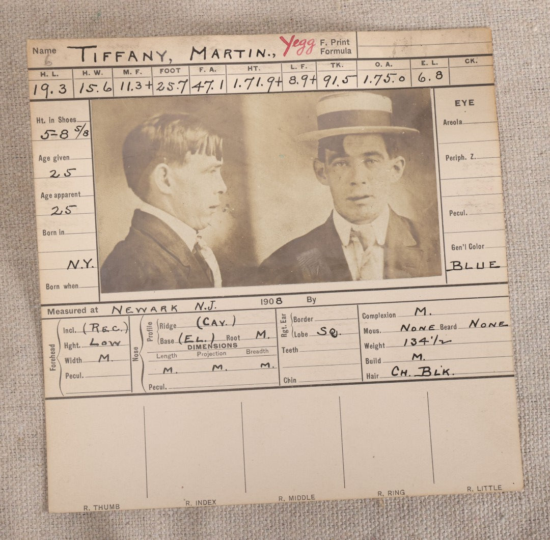 Lot 151 - Antique Real-Photo Police Mugshot And Arrest Card For Martin Tiffany, Yeggman, Criminal Specialty Safe Blowing, Arrested For Burglary, Newark, New Jersey, 1908