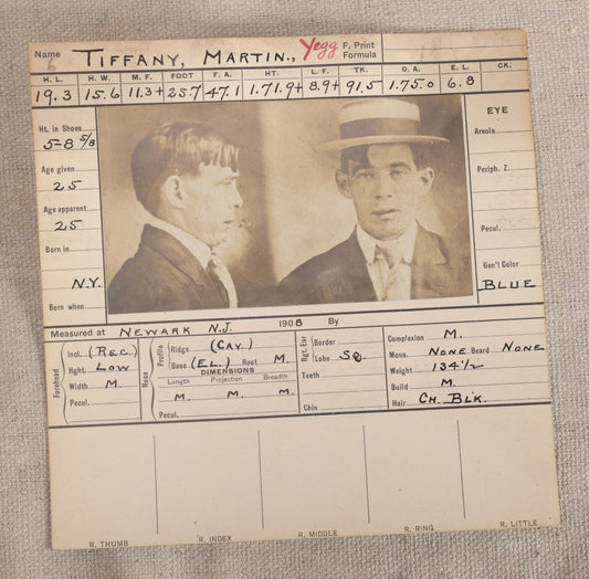 Lot 151 - Antique Real-Photo Police Mugshot And Arrest Card For Martin Tiffany, Yeggman, Criminal Specialty Safe Blowing, Arrested For Burglary, Newark, New Jersey, 1908