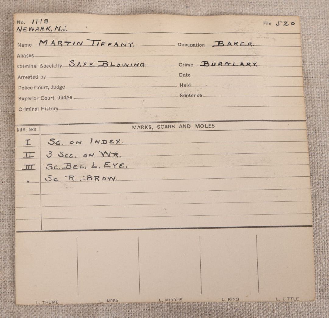 Lot 151 - Antique Real-Photo Police Mugshot And Arrest Card For Martin Tiffany, Yeggman, Criminal Specialty Safe Blowing, Arrested For Burglary, Newark, New Jersey, 1908