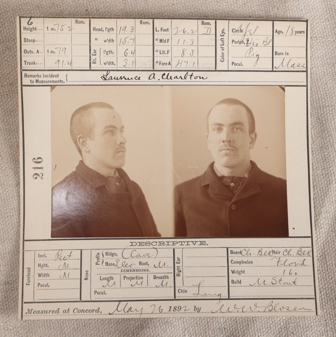 Lot 152 - Antique Real-Photo Police Mugshot And Arrest Card For Lawrence A. Charlton, Arrested For Larceny, Massachusetts Reformatory, Concord, Massachusetts, 1892