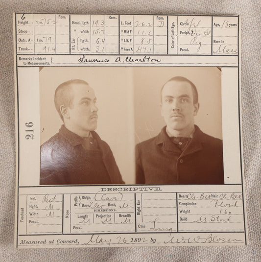 Lot 152 - Antique Real-Photo Police Mugshot And Arrest Card For Lawrence A. Charlton, Arrested For Larceny, Massachusetts Reformatory, Concord, Massachusetts, 1892