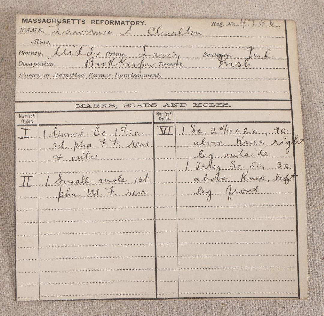 Lot 152 - Antique Real-Photo Police Mugshot And Arrest Card For Lawrence A. Charlton, Arrested For Larceny, Massachusetts Reformatory, Concord, Massachusetts, 1892
