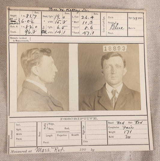 Lot 153 - Antique Real-Photo Police Mugshot And Arrest Card For Thos. W. Kelley Jr., Arrested For Breaking, Entering, And Larceny, Massachusetts Reformatory, Concord, Massachusetts, Circa 1900s