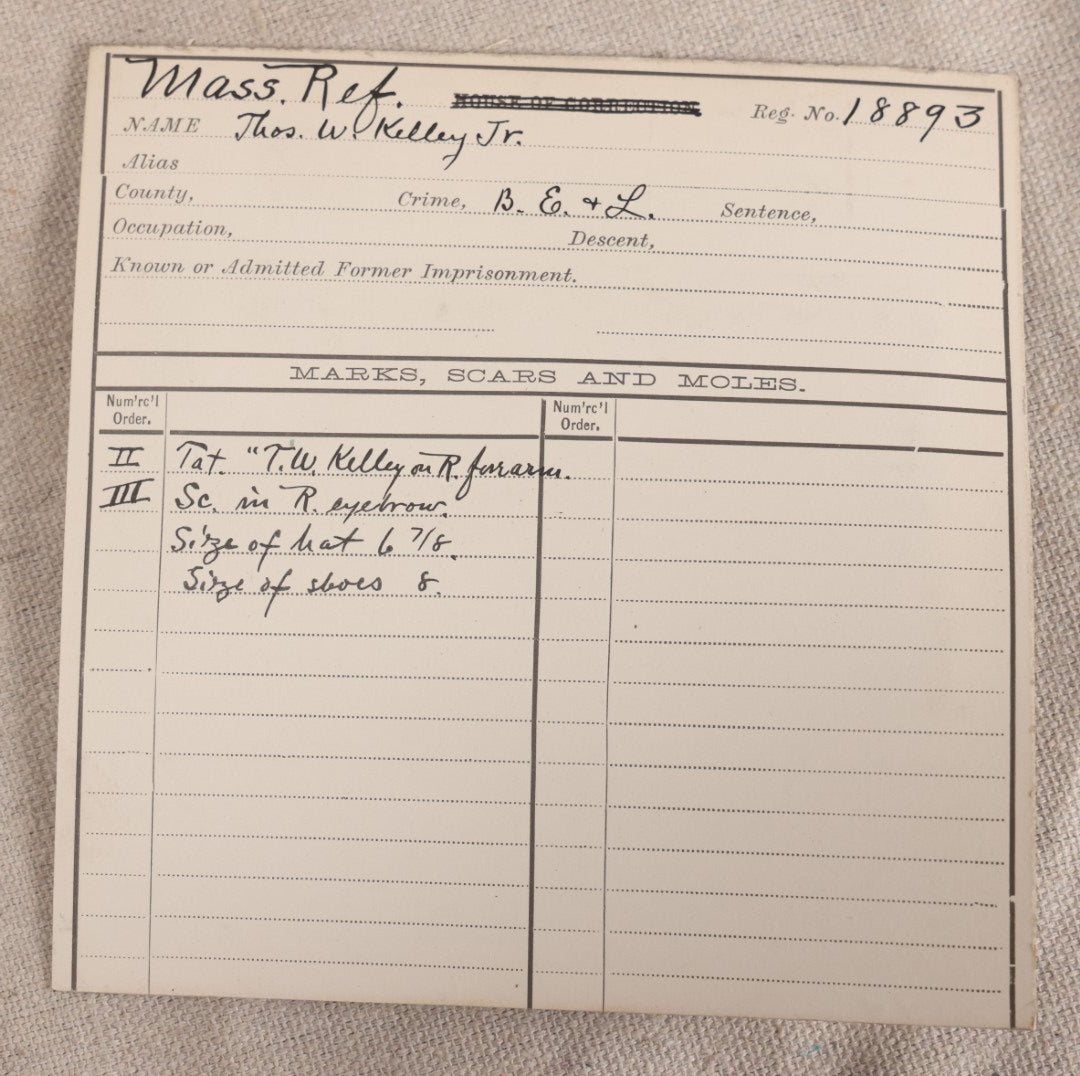 Lot 153 - Antique Real-Photo Police Mugshot And Arrest Card For Thos. W. Kelley Jr., Arrested For Breaking, Entering, And Larceny, Massachusetts Reformatory, Concord, Massachusetts, Circa 1900s