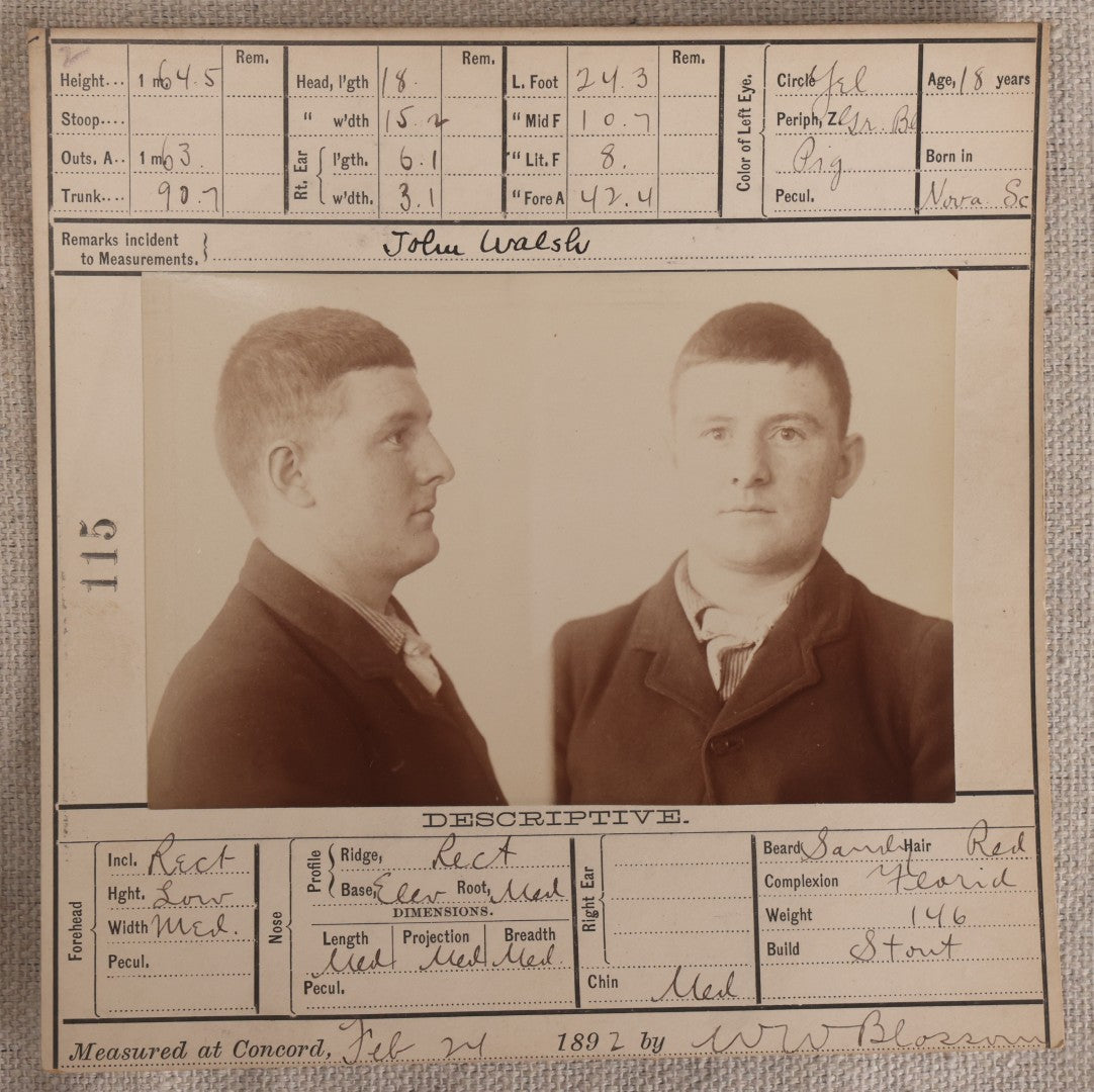 Lot 156 - Antique Real-Photo Police Mugshot And Arrest Card For John Walsh, Aliases Chas. Jones And John McGuinness, Arrested For Highway Robbery, Massachusetts Reformatory, Concord, Massachusetts, 1892