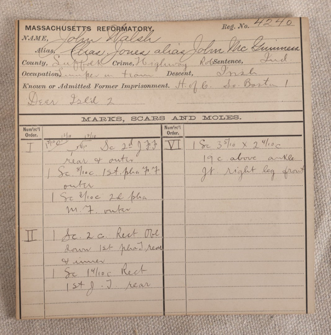 Lot 156 - Antique Real-Photo Police Mugshot And Arrest Card For John Walsh, Aliases Chas. Jones And John McGuinness, Arrested For Highway Robbery, Massachusetts Reformatory, Concord, Massachusetts, 1892