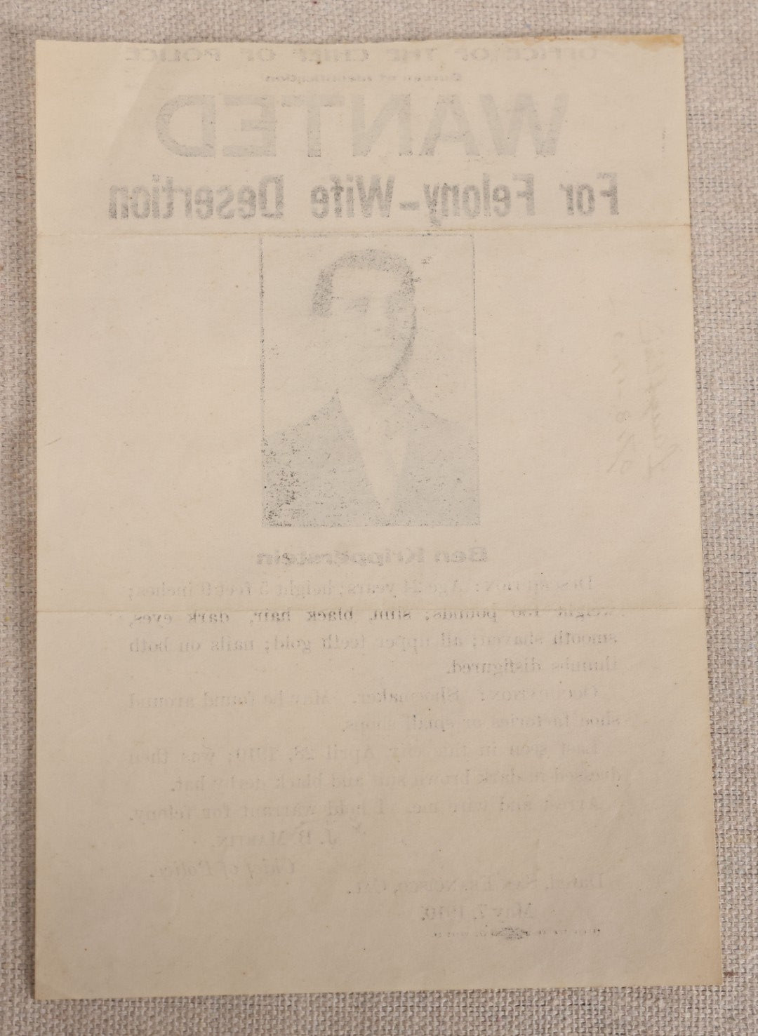 Lot 157 - Antique Wanted Poster With Photograph For Ben Kripperstein, Felony Wife Desertion, Office Of The Chief Of Police, Bureau Of Identification, San Francisco, California, May 7, 1910