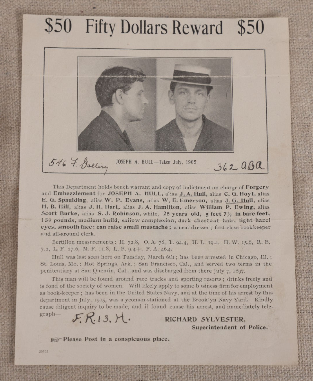 Lot 160 - Antique Wanted Poster With Mugshot For Joseph A. Hull, $50 Reward, Forgery And Embezzlement, Multiple Aliases, Richard Sylvester, Superintendent Of Police, Washington, D.C., Circa 1906
