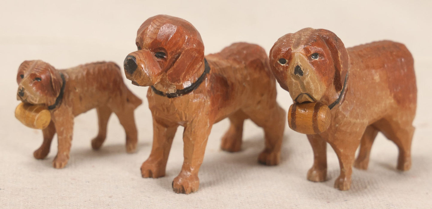 Lot 170 - Trio Of Vintage Carved Wooden Saint Bernard Dog Figures With Barrel Collars