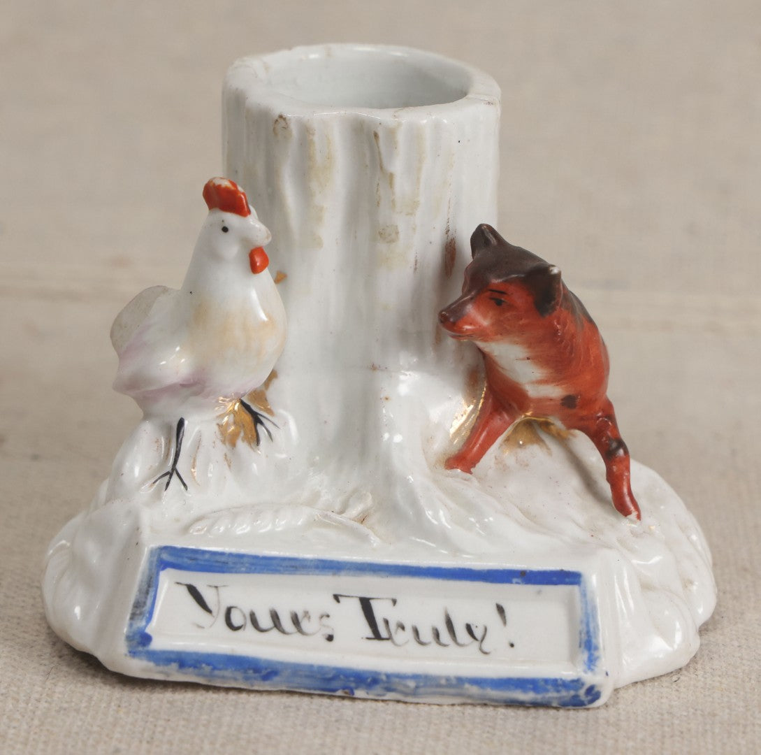 Lot 175 - Antique Staffordshire Porcelain Figural Match Safe With Fox, Chicken, And "Yours Truly!" Inscription