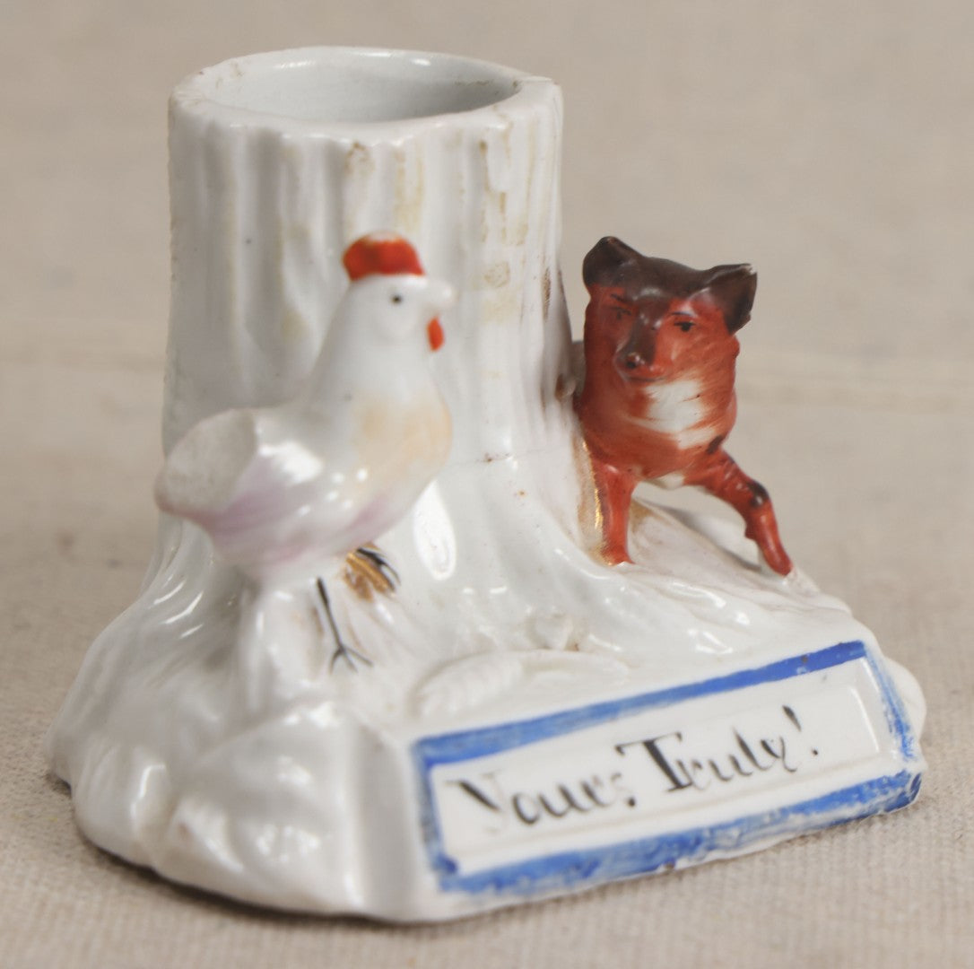Lot 175 - Antique Staffordshire Porcelain Figural Match Safe With Fox, Chicken, And "Yours Truly!" Inscription